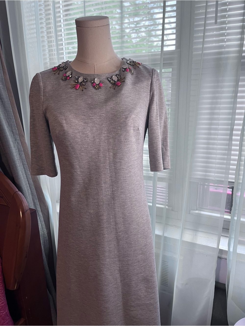 Eliza J Taupe Midi Dress with Pink & Silver Neck Embellishments
